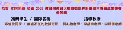 恭賀 本院同學 榮獲 2025 教育部教育大數據微學程計畫學生專題成果競賽  優等獎圖片